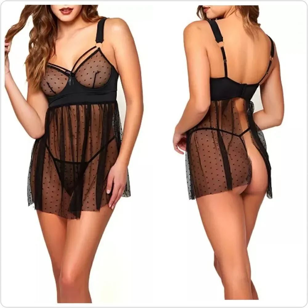 iCollection Roma Swiss Dot Stretch Mesh Babydoll Lingerie sz S